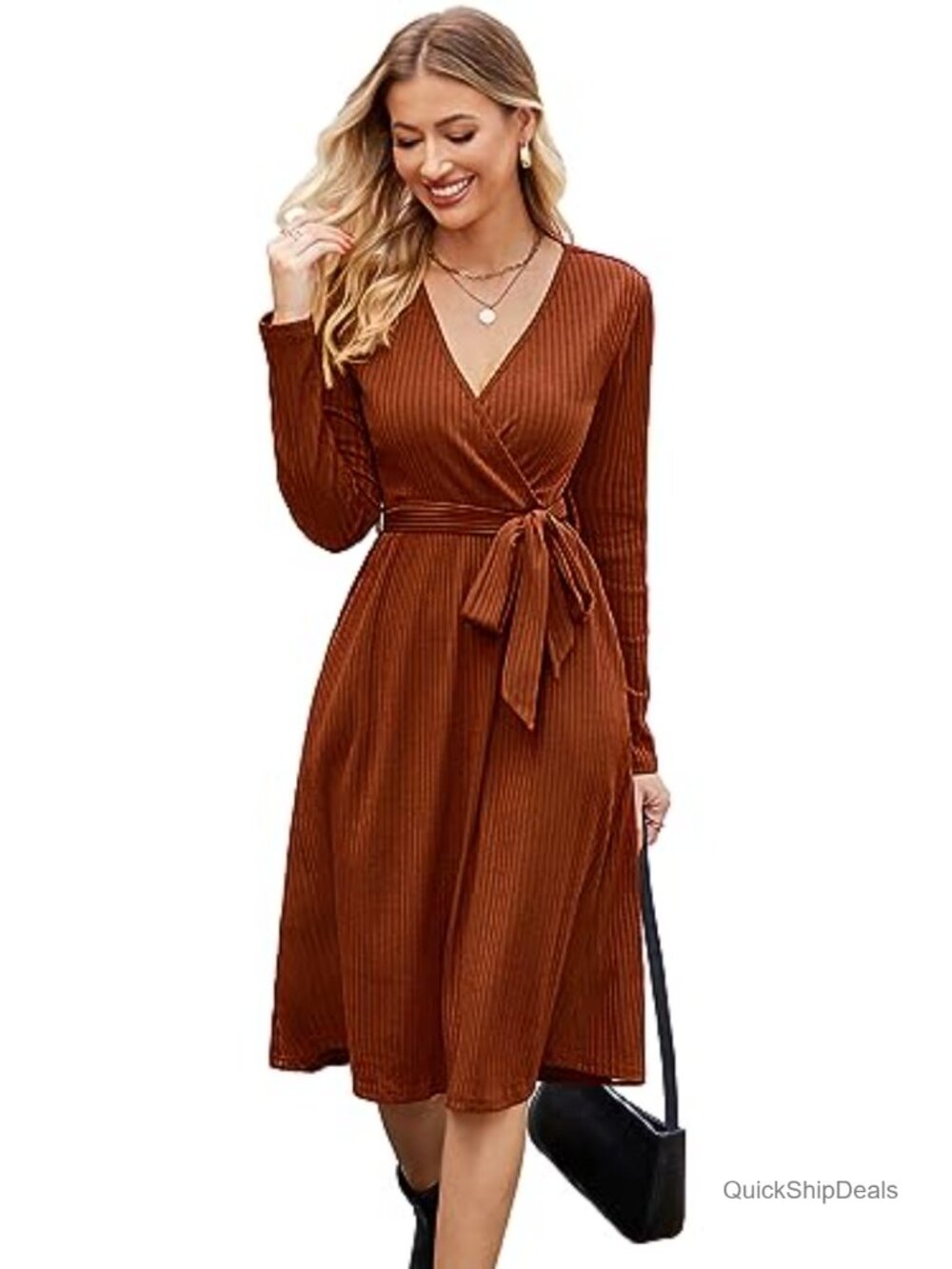 Women's Long Sleeve V-Neck Sweater Dress with Pockets Belted Midi